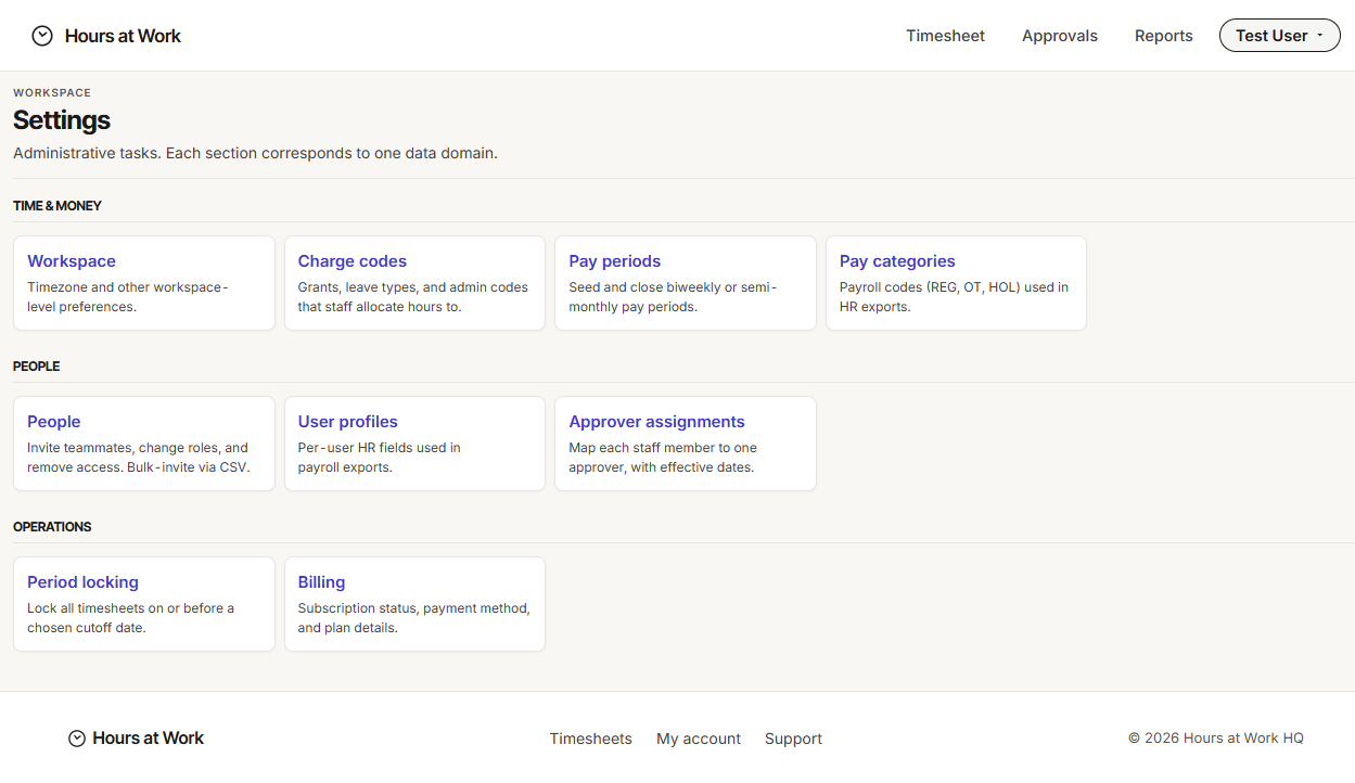 Settings overview with TIME & MONEY, PEOPLE, and OPERATIONS sections