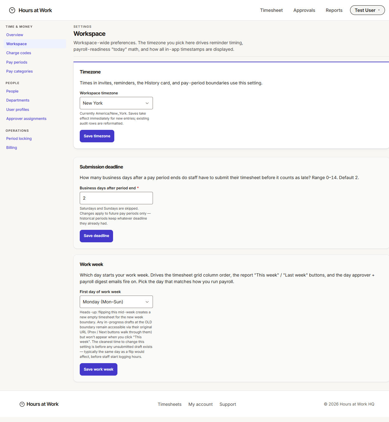 Workspace settings showing timezone, submission deadline, and first day of work week