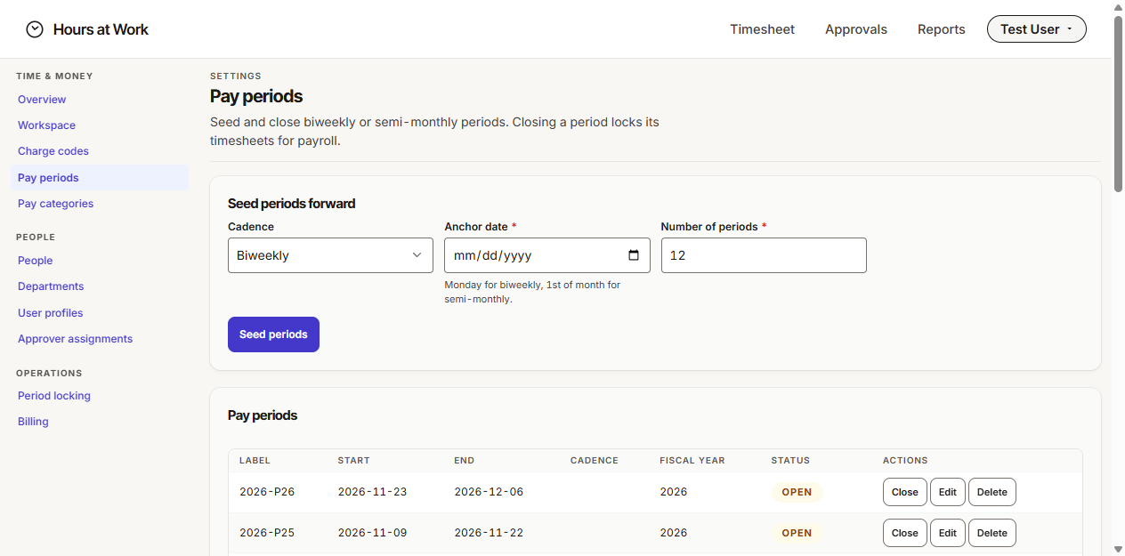 Pay periods page with the Seed periods forward form