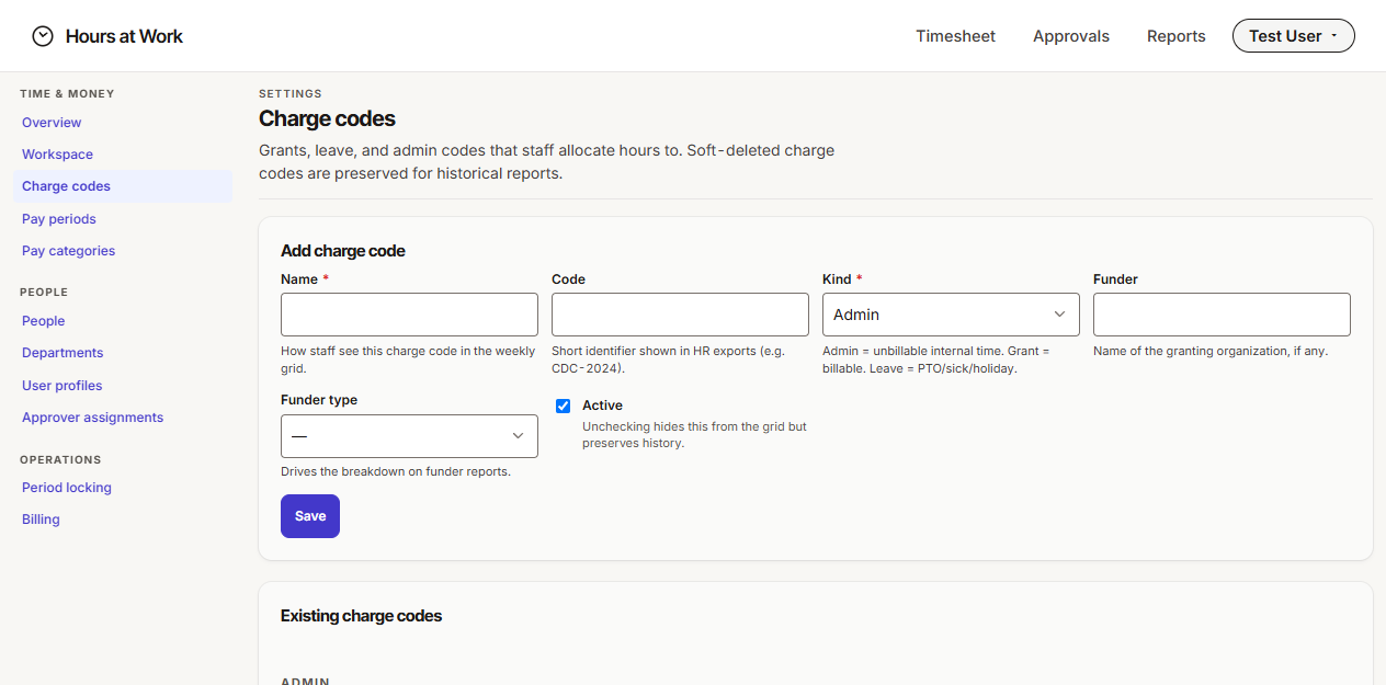 Add charge code form with Name, Code, Kind, Funder, and Funder type fields