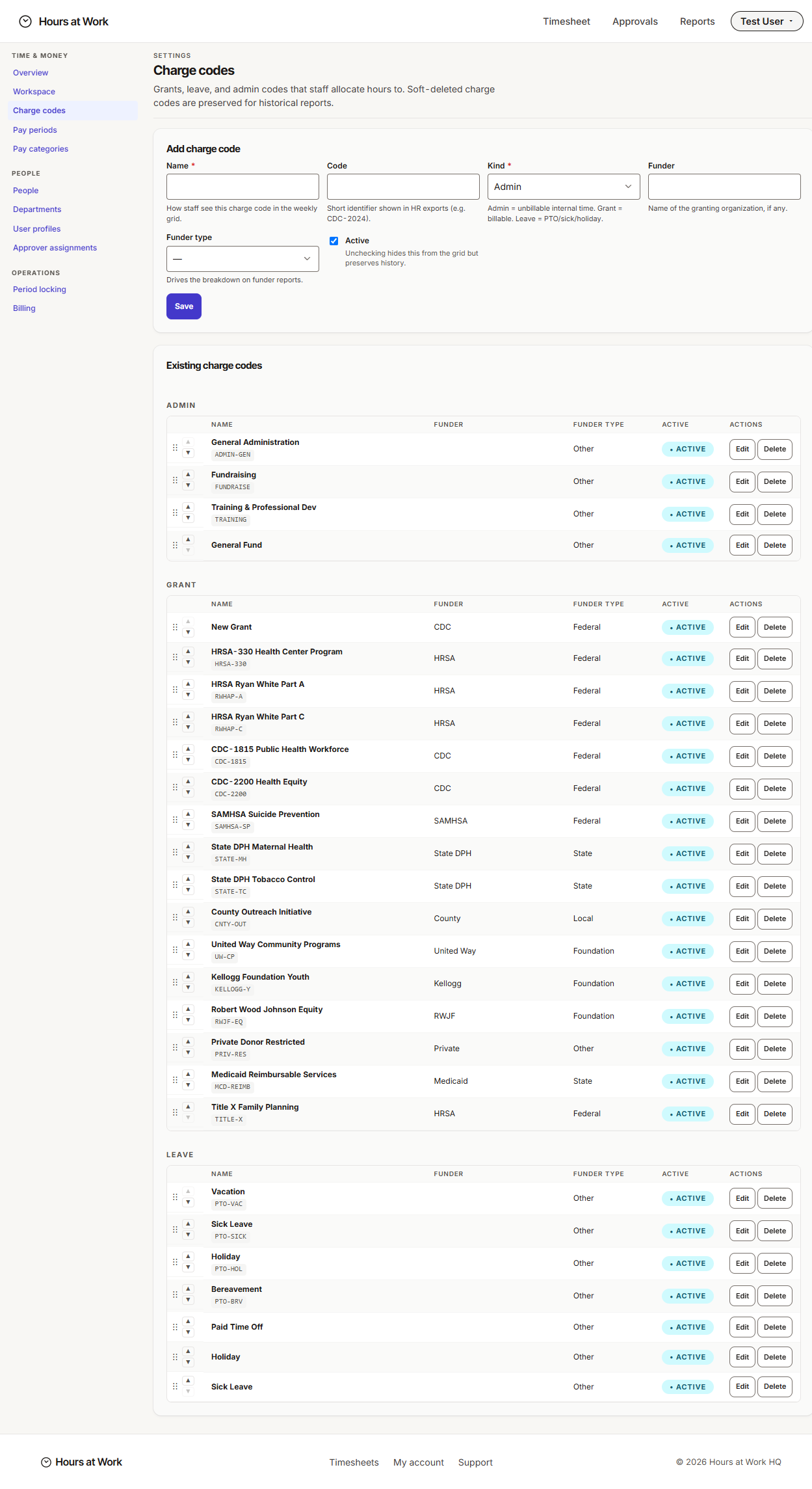 Charge codes grouped by Admin, Grant, and Leave kinds