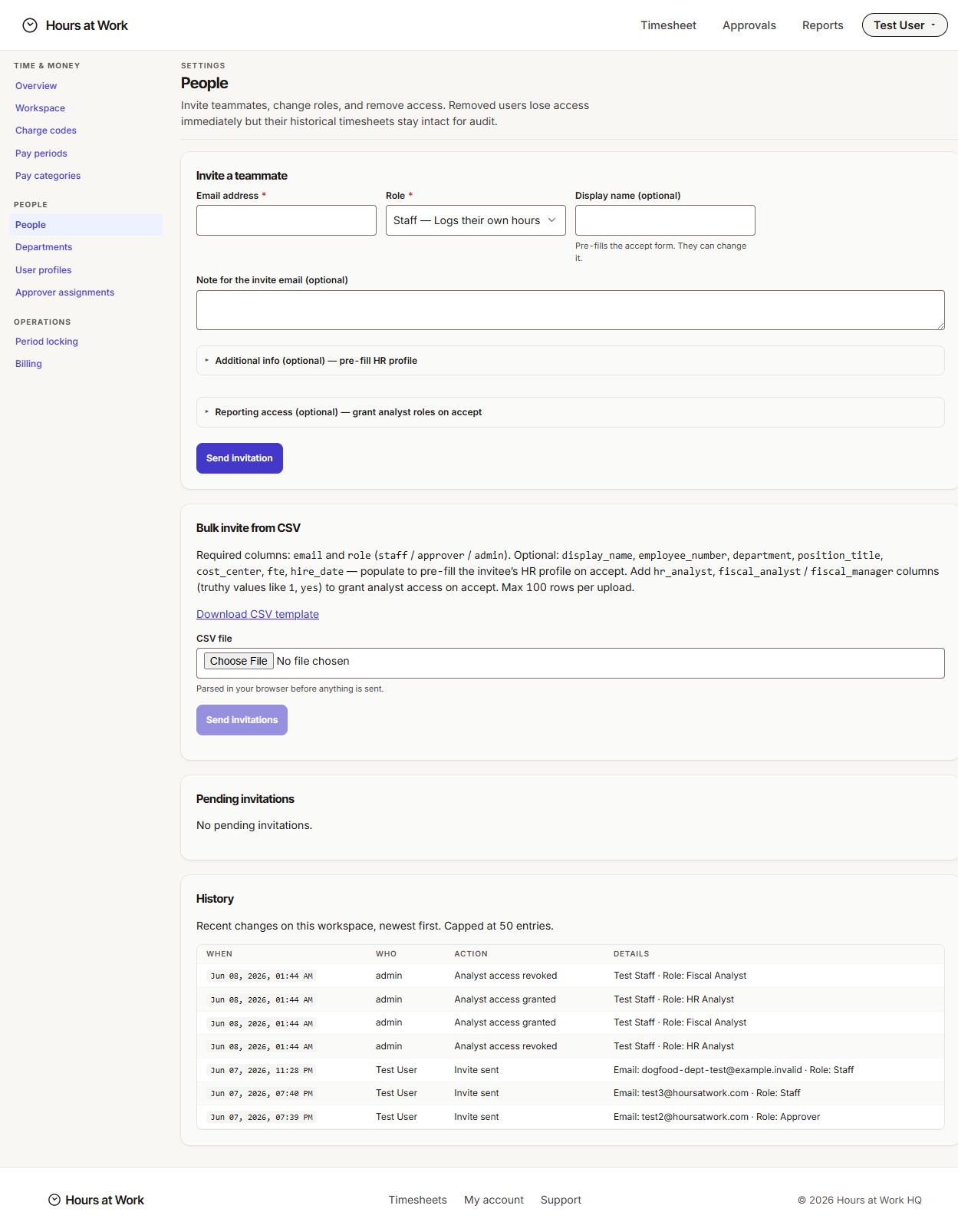 Invite a teammate form with role selector and role descriptions