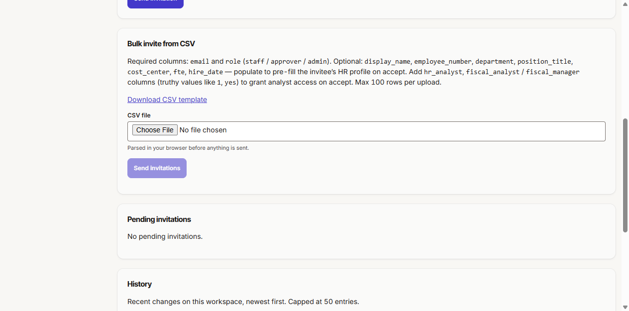 Bulk invite from CSV section with Download template link