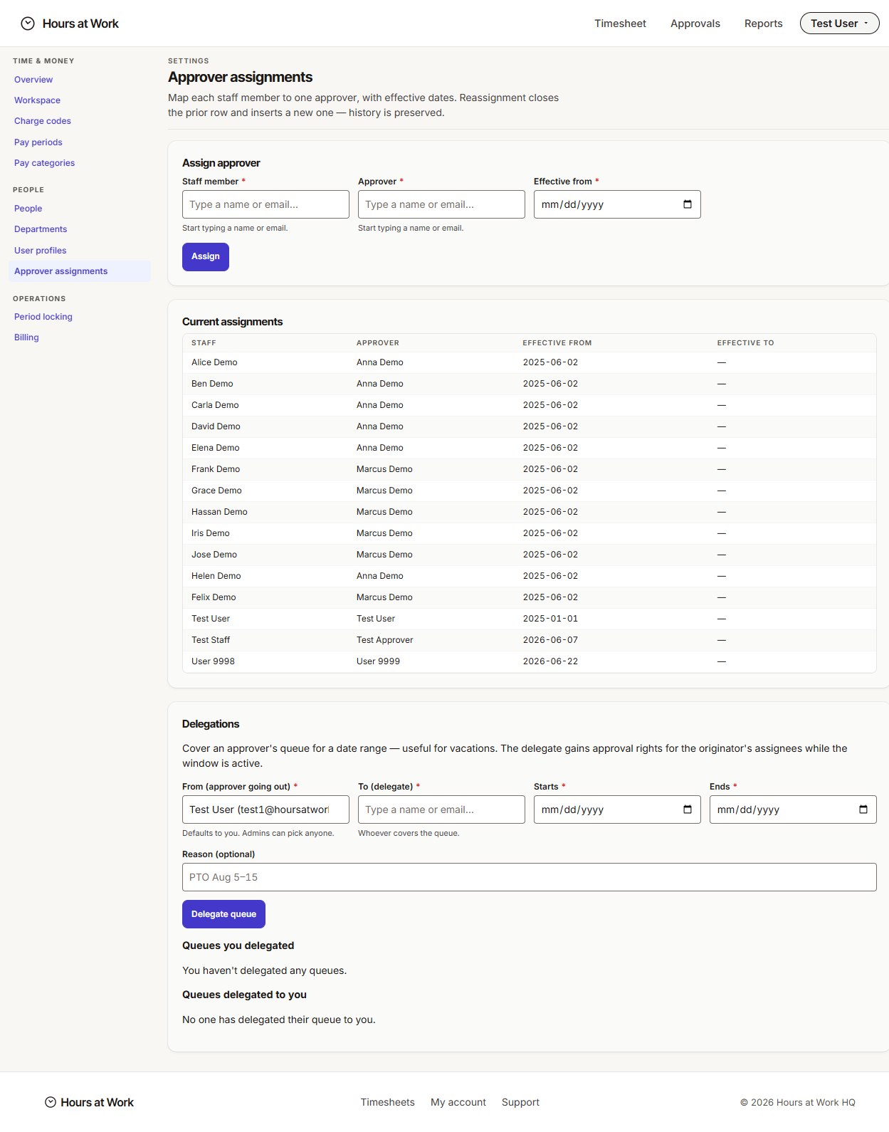 Approver assignments page with the Current assignments table