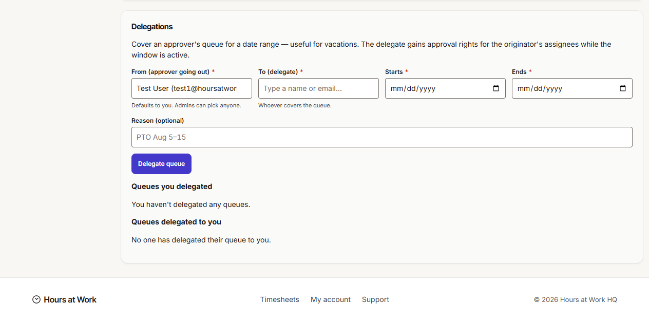 Delegations form with From, To, date range, and reason fields