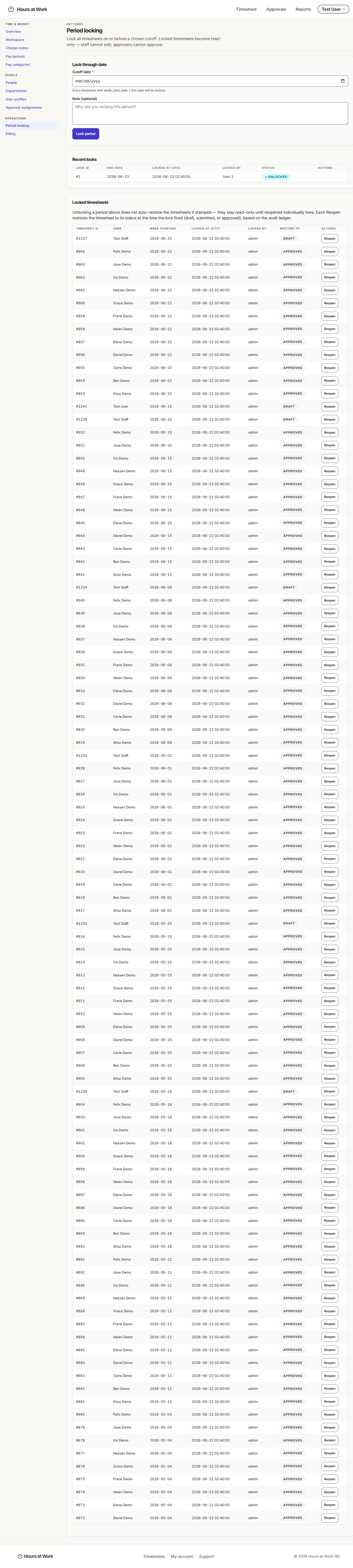 Period locking page with the Lock through date form and Locked timesheets table