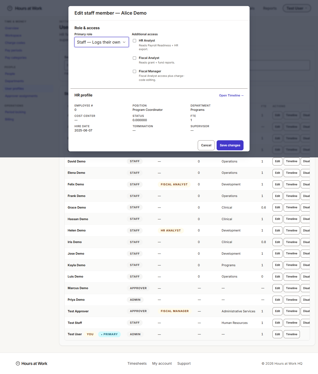 User profile edit panel with role, access add-ons, and HR fields