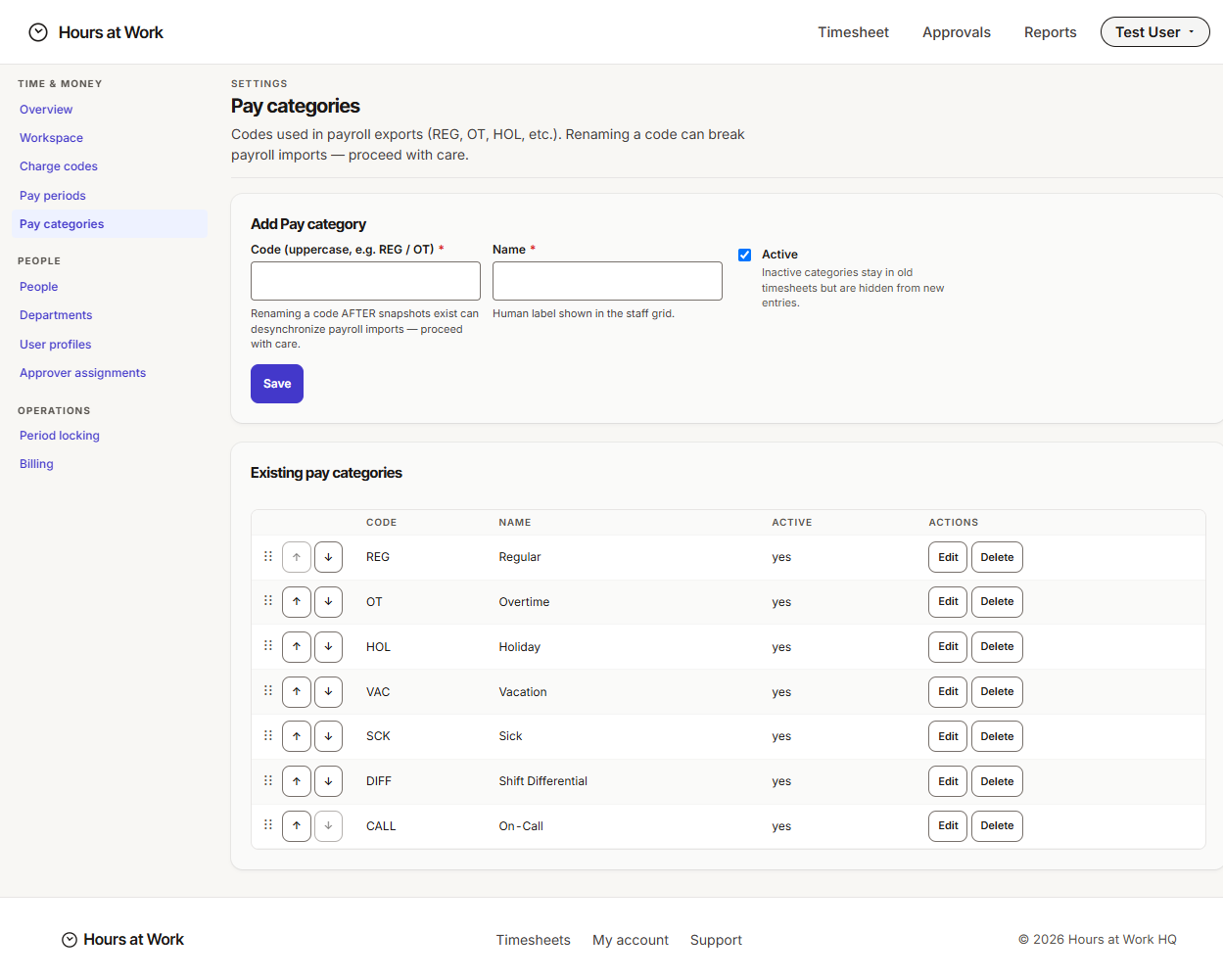 Pay categories list with the standard payroll codes