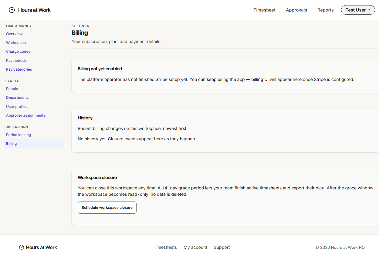 Billing page in the Settings overview