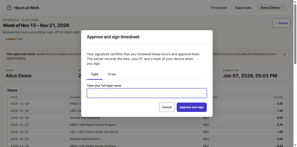 Signature modal with Type and Draw tabs and a field for your full legal name