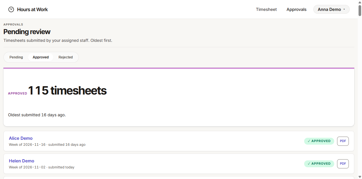 Approved tab with signed timesheets, APPROVED badges, and PDF download links per row