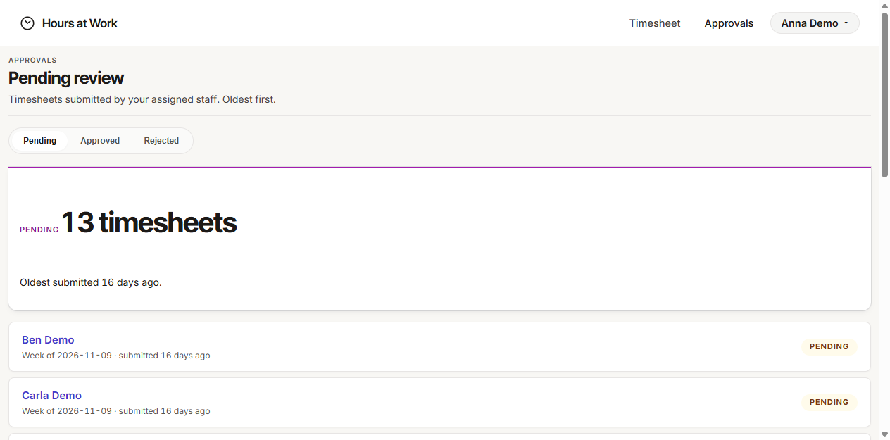 Pending queue during a delegation, with delegated rows mixed in with your own staff