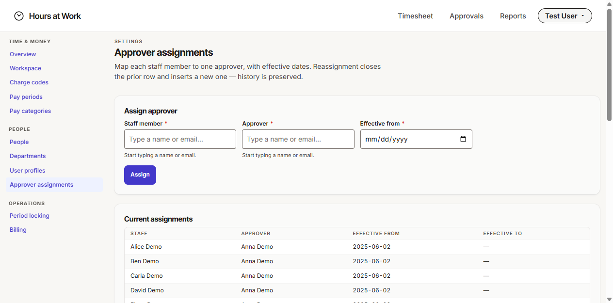 Approver assignments page with the Staff-to-Approver mapping and effective dates