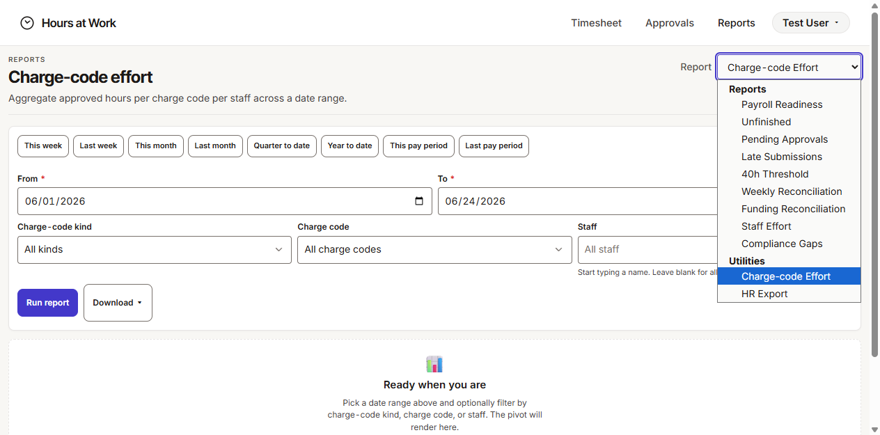 Reports landing with the Switch report dropdown open