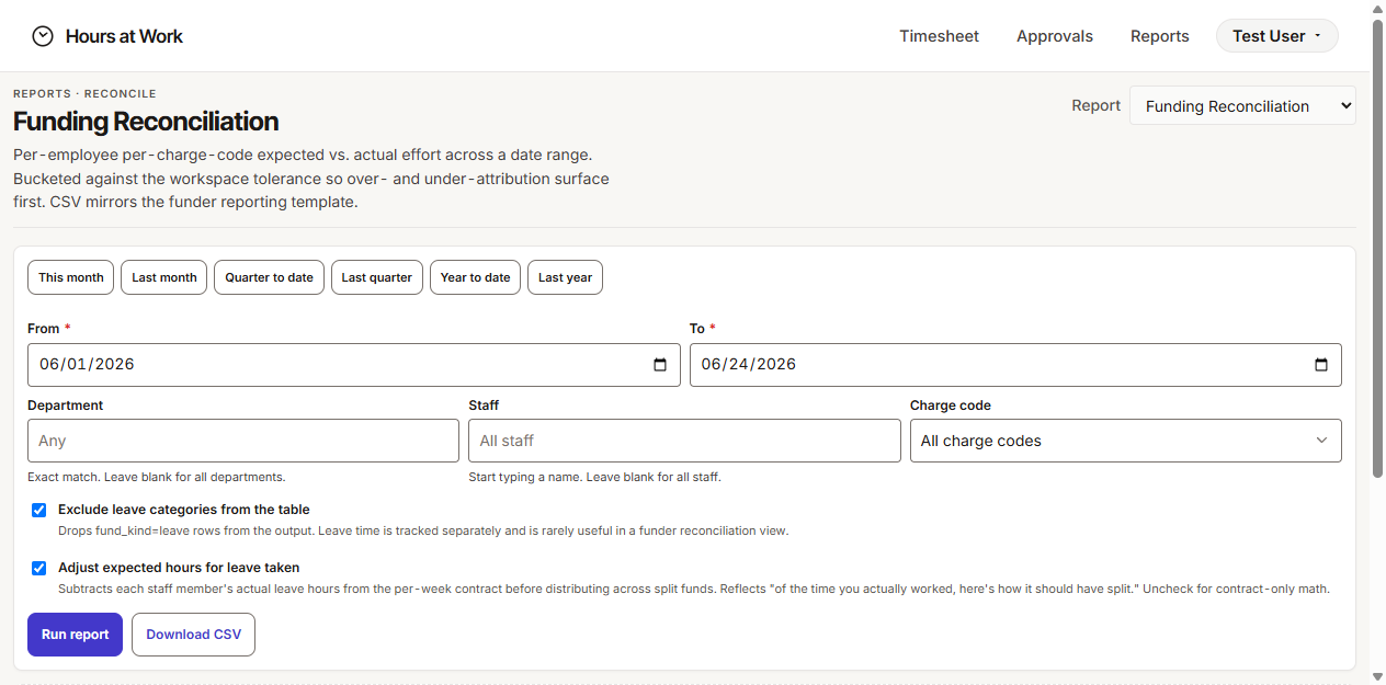 Funding Reconciliation form with date range chips, filters, and the two leave-handling toggles