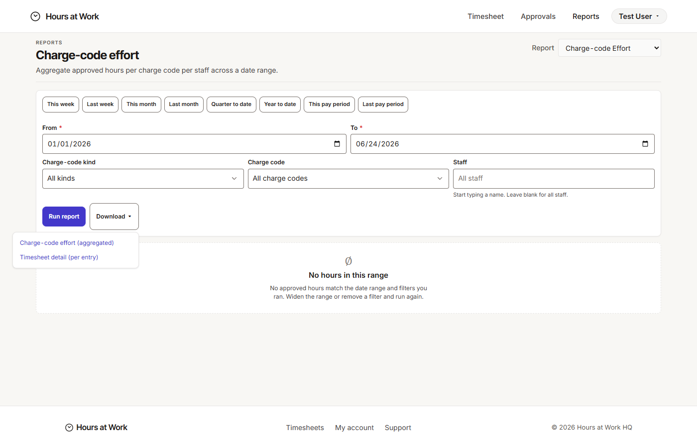 Charge-code Effort form with Kind, Charge code, and Staff filters