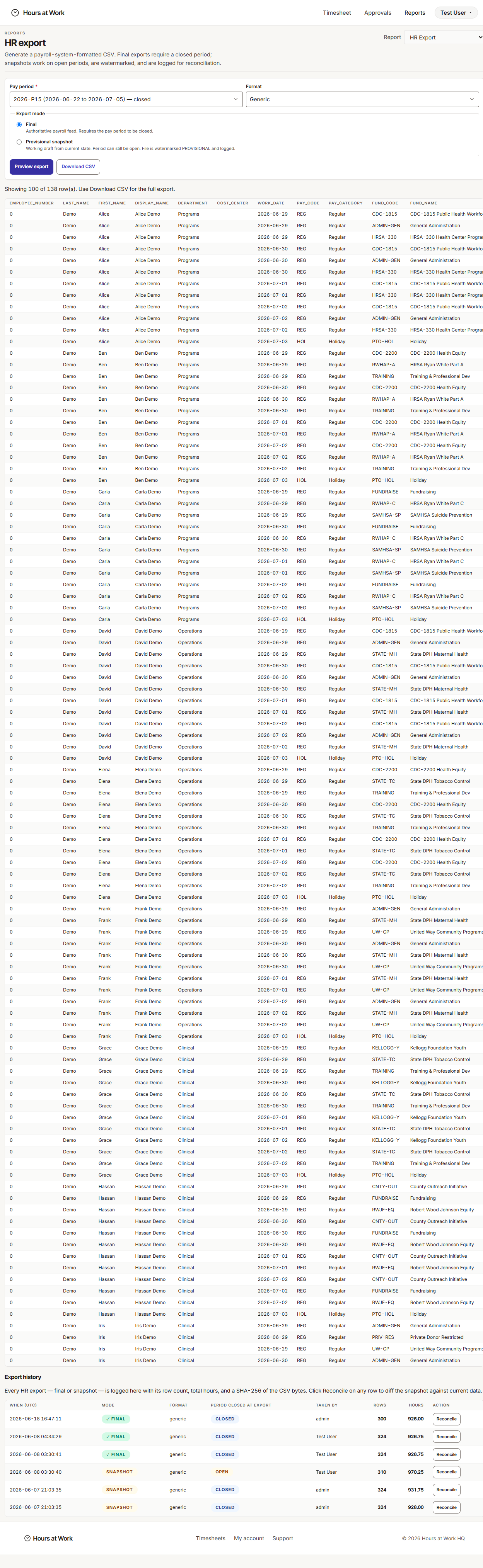 HR Export report with Download CSV link and example file