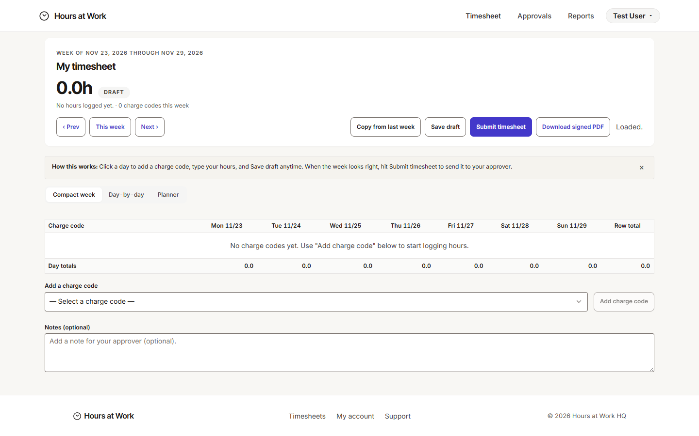My timesheet for the current week — empty grid with day columns and the Add a charge code combobox below