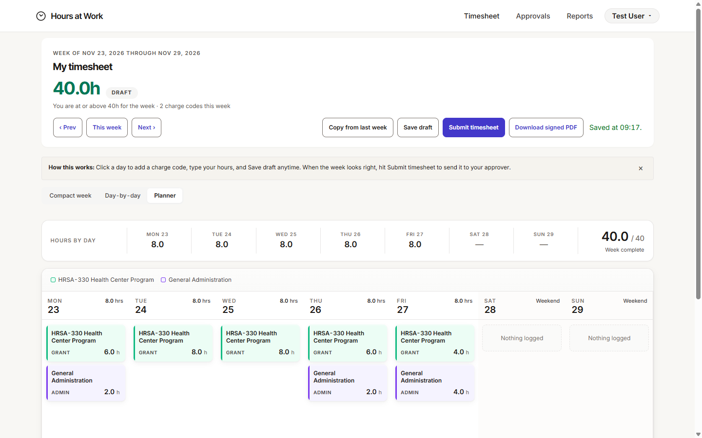 Planner view with a per-day card grid laid out across the week