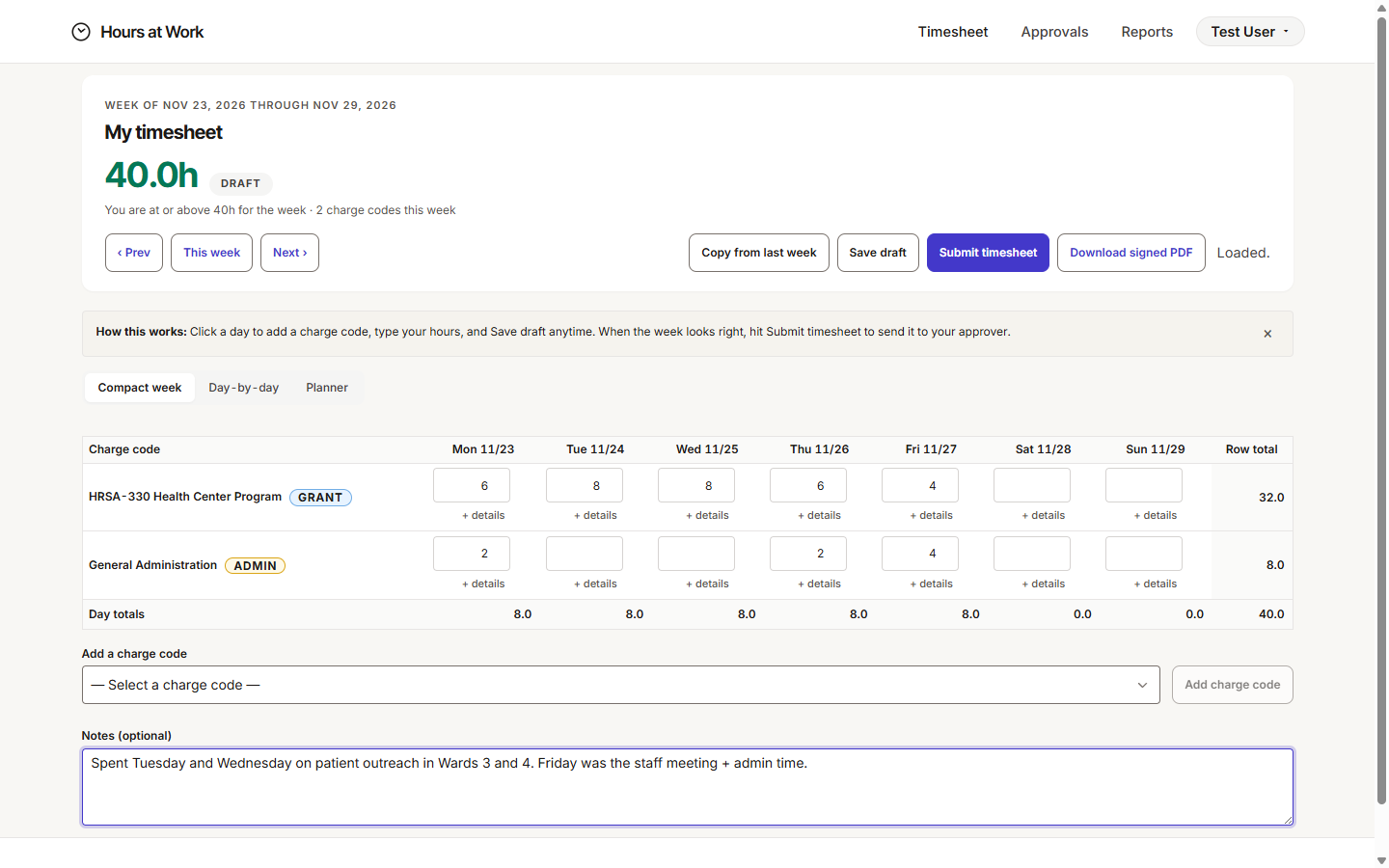 Notes (optional) field with example text about an outreach week