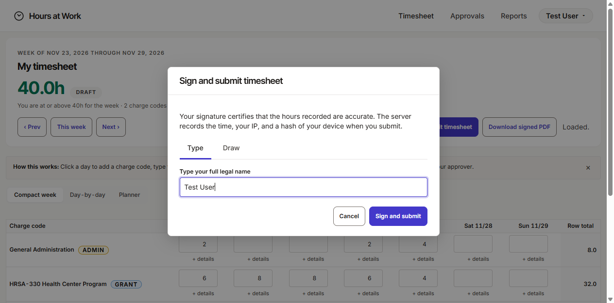 Sign and submit timesheet modal with Type and Draw tabs