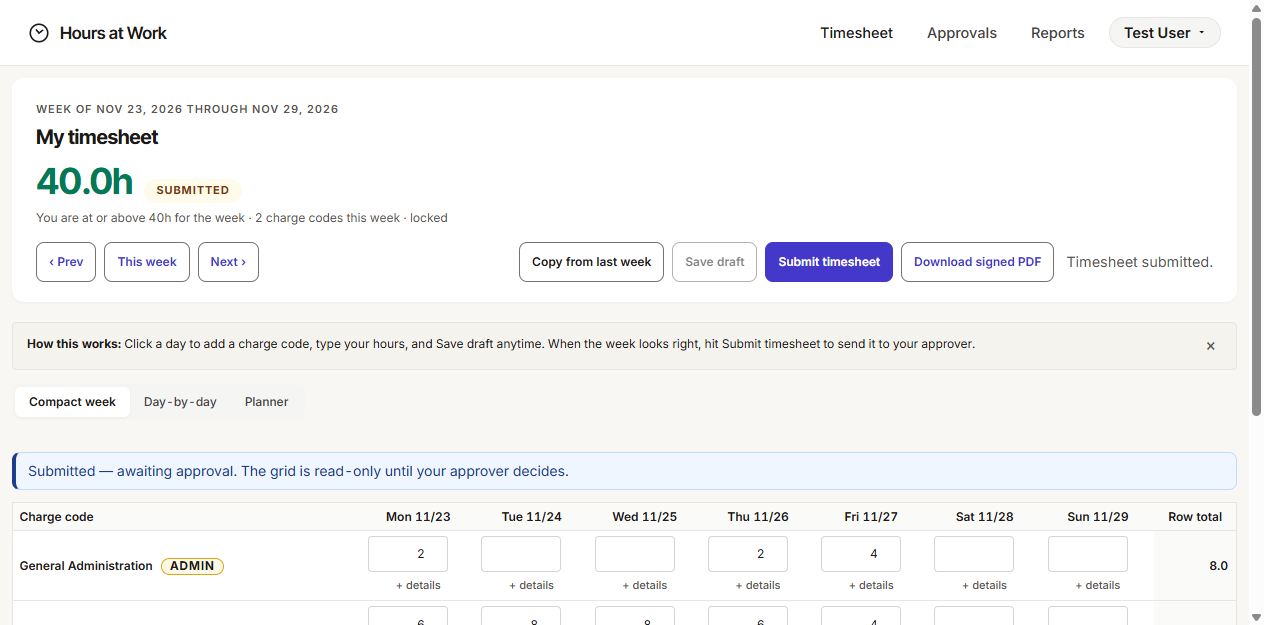 Submitted timesheet read-only state with SUBMITTED status pill and awaiting-approval banner